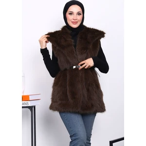 İmaj Butik Kahverengi Astarlı Kemerli Kürk Yelek