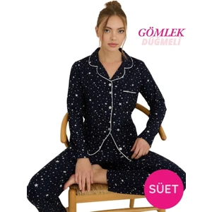 Kadın Gömlek Yaka Önden Düğmeli Saten Biyeli Göğüs Cepli Ince Süet Kışlık Uzun Kol Pijama Takımı