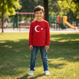 Unisex Çocuk Kırmızı Ay Yıldız Türk Bayraklı Uzun Kollu T-Shirt