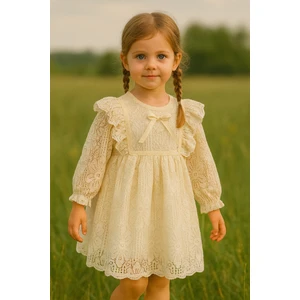 Kız Bebek Çocuk Uzun Kollu Dantelli Fiyonklu Fırfırlı Parti Düğün Doğum Günü Bayramlık Elbise