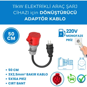11kW Elektrikli Araç Şarj Cihazı için 50Cm Monofaze Fişli Dönüştürücü Adaptör