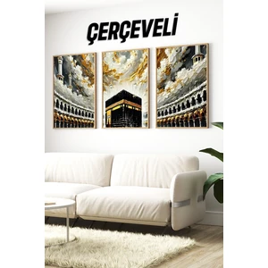 🕋 Kâbe Manzaralı 3'lü Tablo Seti – Çam Çerçeveli, Uv Baskılı, Mdf Zeminli 🌙🌸 CRV1227 23 x 32