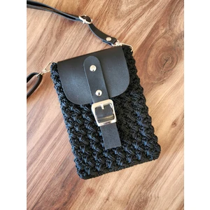 kumazone Design Örgü Telefon Çantası Siyah Deri Kapaklı Askılı