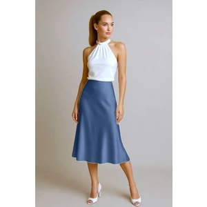 Kahra Collection Indigo Mavi 82CM Midi Boy Pamuk Karışımlı Mat Saten Etek