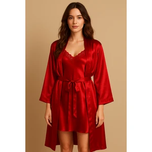 Cherry Queen Kırmızı Premium Saten Dantel Detaylı Gecelik & Uzun Sabahlık Takımı