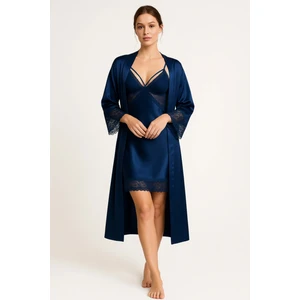 Cherry Queen Lacivert Saten Dantel Detaylı Gecelik & Sabahlık Takımı - Şık Kadın Çeyizlik Pijama Seti