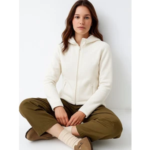 Fermuarlı Regular Kapüşonlu Polar Düz Fit Beyaz Sweatshırt