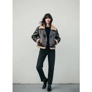 Uzun Kollu Fermuarlı Gömlek Yaka Kahve Rengi Mont