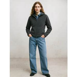 Fermuarlı Regular Kapüşonlu Polar Düz Fit Gri Sweatshırt