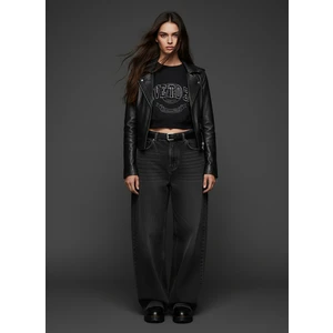 Bisiklet Yaka Önü Baskılı Crop Siyah Sweatshırt