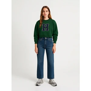 Bisiklet Yaka Baskılı Crop Yeşil Sweatshırt