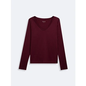 Uzun Kollu V Yaka Basıc Kırmızı Sweatshırt