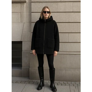 Uzun Kollu Polar Fermuarlı Kapüşonlu Siyah Mont