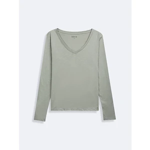 Uzun Kollu V Yaka Basıc Yeşil Sweatshırt