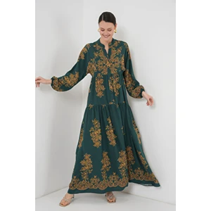 Otantik Desenli Kadın Elbise Kloş Silüet Trend Tarzı Gri Renkli