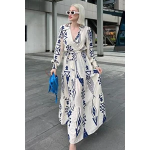Kadın Kruvaze Yaka Uzun Elbise Trend Kloş Silüet Desenli Özel Günler İçin