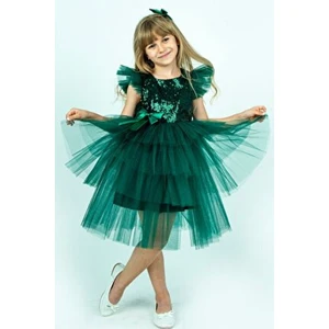 Buse & Eylül Bebe Buse & Eylül Kız Çocuk Parti Elbisesi Yeşil Pullu Şık Silüet Özel Günler İçin Tasarlandı