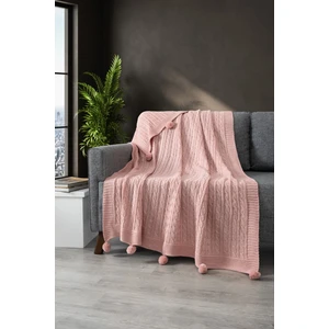 Ponponlu Triko Örme Tv Battaniyesi–örgü Koltuk & Omuz Şalı & Diz BATTANIYESI–130X170 Cm-Pudra
