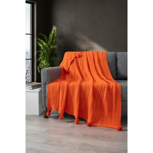 Ponponlu Triko Örme Tv Battaniyesi–örgü Koltuk & Omuz Şalı & Diz BATTANIYESI–130X170 Cm-Turuncu