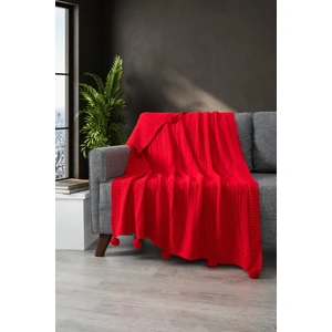 Ponponlu Triko Örgü Battaniye-Örgü Koltuk Şalı & Diz BATTANIYESI-130X170 Cm-Kırmızı