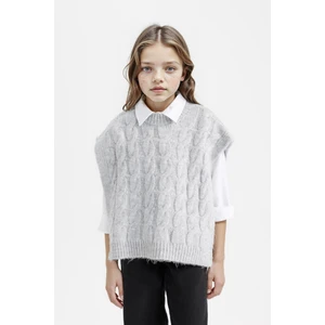 Kız Çocuk Bisiklet Yaka Saç Örgüsü Desenli Triko Süveter C9659A824WN