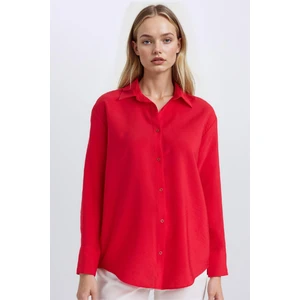 Oversize Geniş Kalıp Basic Düz Uzun Kollu Kırmızı Gömlek E4350AX25SP