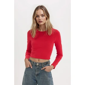 Fitted Basic Düz Ribana Uzun Kollu Kırmızı Tişört E7797AX25SP