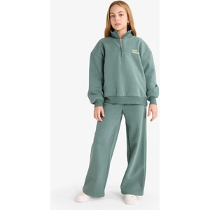 Kız Çocuk 2'li Takım Baskılı Yarım Fermuarlı Sweatshirt Geniş Paça Eşofman Altı