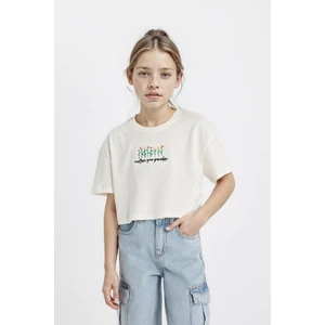 Kız Çocuk Crop Bisiklet Yaka Çiçekli Kısa Kollu Tişört D1593A824HS