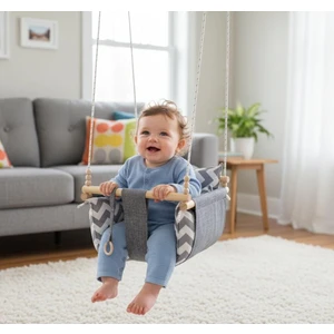 Ahşap Çocuk & Bebek Salıncağı Gri Renk Minder Yastık ve Diş Halkalı Tavan Salıncak