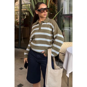 Haki Polo Yaka Çizgili Kadın Triko Kazak MG2469