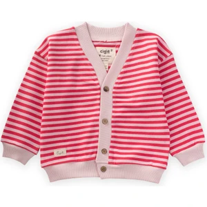 Çizgili Triko Hırka 0-4 Yaş Pudra Mercan