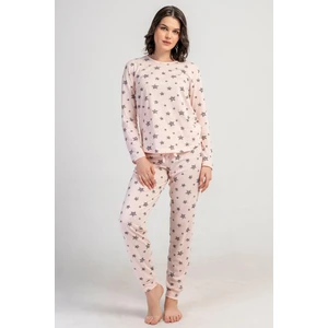Kadın Pembe Uzun Kollu Bisiklet Yaka Yıldız Desenli Pijama Takımı C9T5N3305