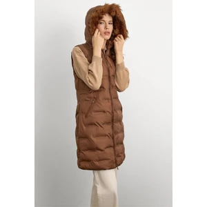 Çıkabilir Kapüşonlu Desenli Şişme Yelek Taba 8210