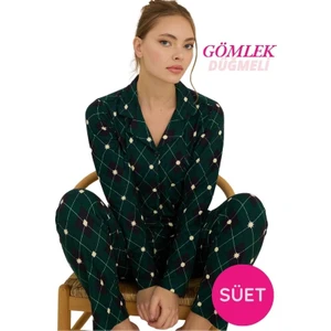 Kadın Gömlek Yaka Önden Düğmeli Saten Biyeli Göğüs Cepli Ince Süet Kışlık Uzun Kol Pijama Takımı