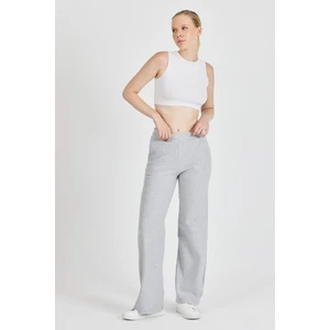 Kadın Gri Yüksek Bel Bol Paça Kaşkorse Fitilli Cepli Pantolon Eşofman Altı