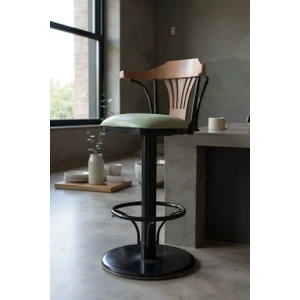 T168/75 Dönerli Bar Sandalyesi – Yeşil Deri Oturum, Inegöl Ceviz Sırt 75 cm Yükseklik