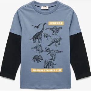 Dinozor Baskılı Uzun Kollu Bisiklet Yaka Pamuklu Tişört