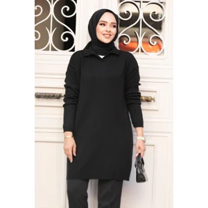 Neva Style Fitilli Siyah Tesettür Triko Tunik 65903S