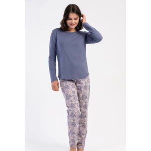 Kadın Füme Uzun Kollu Bisiklet Yaka Çiçek Desenli Alt Pijama Takımı C4T4N3305