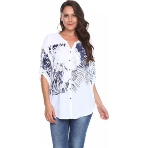 Zer Otantik Baskılı Taş Detay Büyük Beden Gömlek Bluz Beyaz