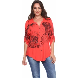 Zer Otantik Baskılı Taş Detay Büyük Beden Gömlek Bluz Mercan