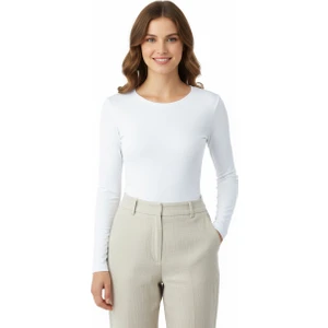 Kadın Düz Renk Yuvarlak Yaka Uzun Kollu Dar Kesim Bedene Oturan Likralı Pamuk Kumaş Badi