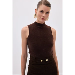 Sıfır Kol Sakallı Triko Bluz - Kahve