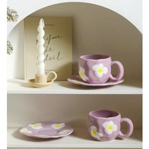 Mor Papatya Desenli Seramik Kupa & Tabak Seti