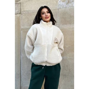 Kadın Polar Peluş Mont - Yumuşak Peluş Kumaşlı Fermuarlı Oversize Ceket- Ekru