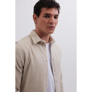 Erkek Slim Fit Dar Kesim Uzun Kollu Düz Kışlık Oduncu bej Gömlek