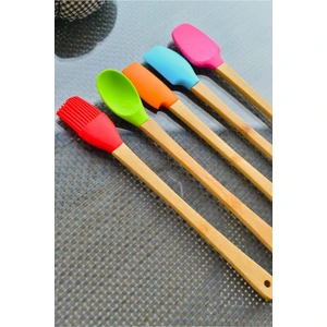 5 Parça Bambu Silikon Spatula Kaşık Fırça Seti Bambu Mini Kaşık Spatula Fırça Seti Yüksek Kalite