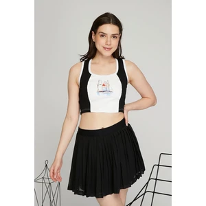 Black Level Kadın Deri Crop Ribana Kaşkorse Likralı Deri Garnili Baskılı Crop Büstiyer Deri Üzeri Baskılı Crop