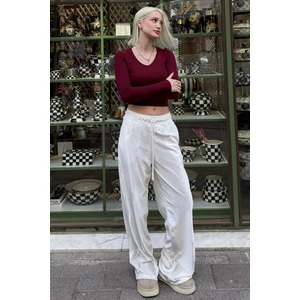 Ekru Bol Paça Kadife Pantolon MG2283